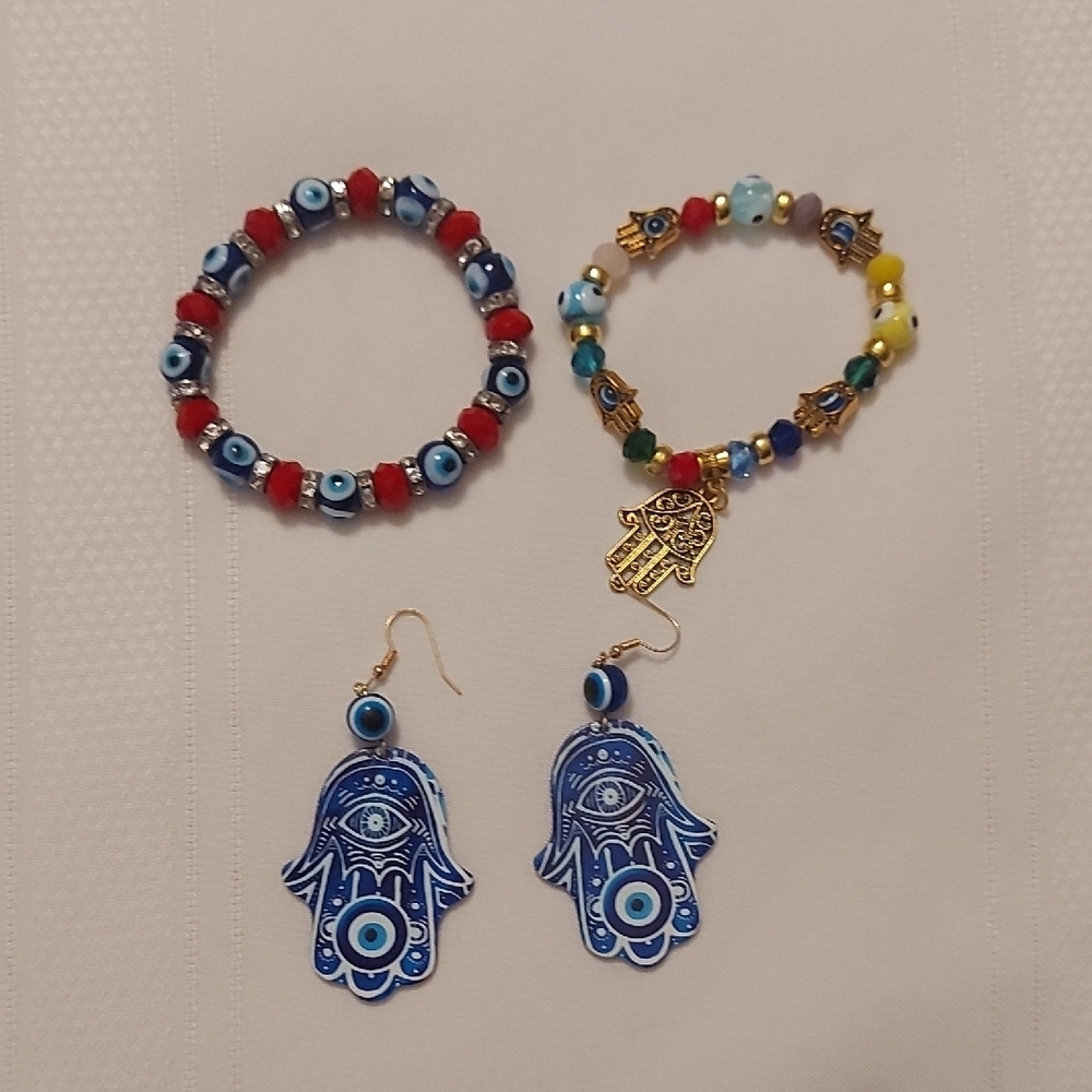 Multicolor Hamsa Bracelet and Earring Set